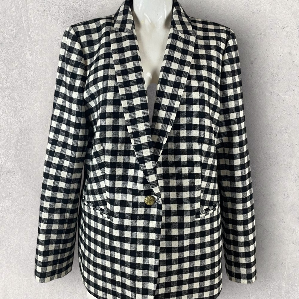 J. Crew Blazer Women’s 16 Wool Blend Black Ivory Buffalo Check Gold Buttons R2